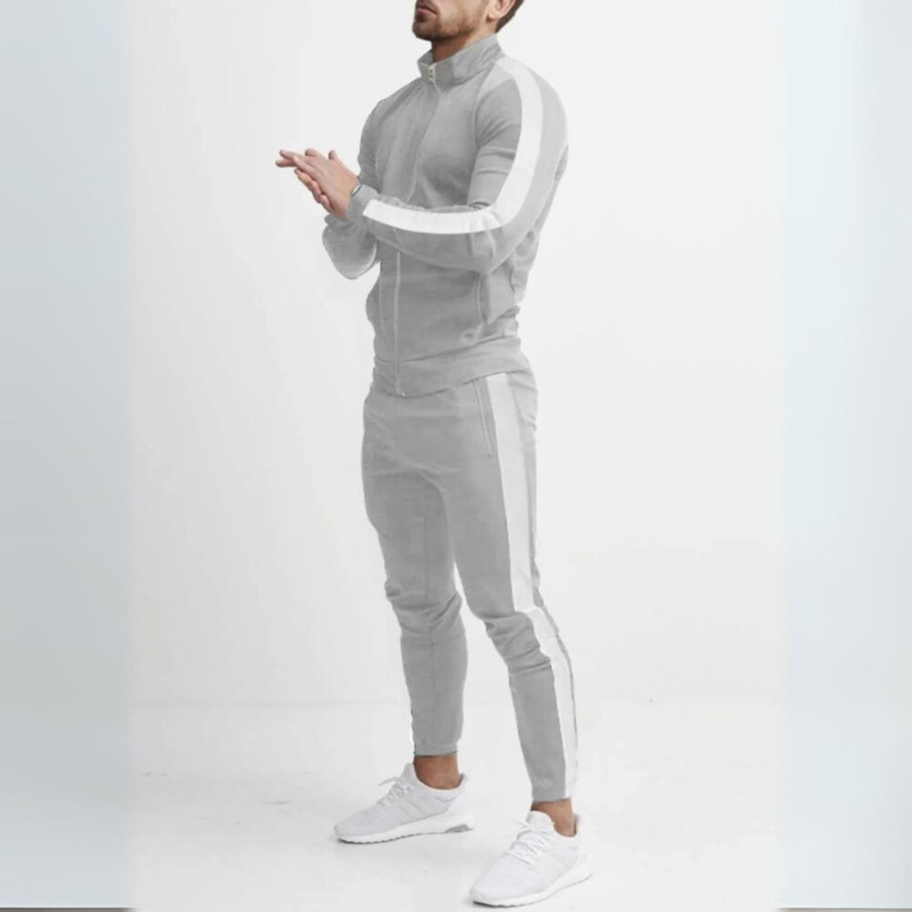 Men's Light Gray & White Side Stripe Zip Up Top & Pants Athletic Outfit